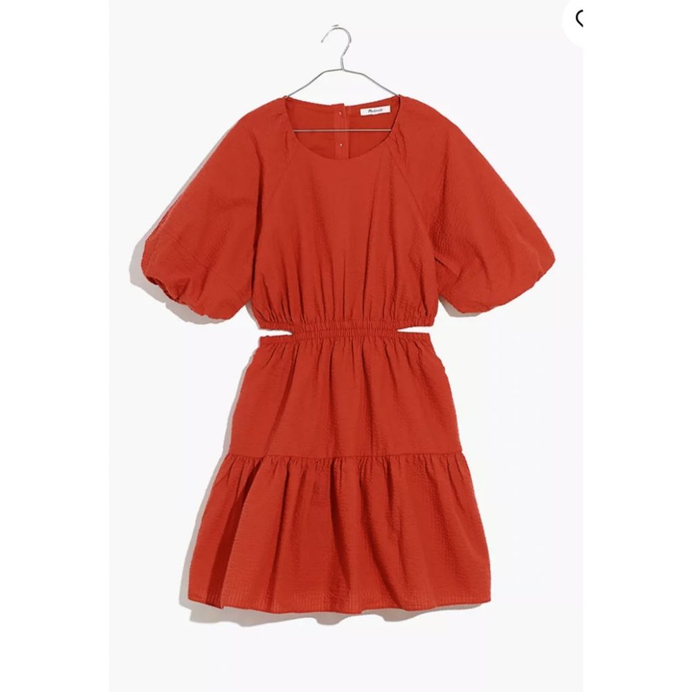 Madewell $128 Seersucker Puff Sleeve Cutout Mini Dress Fresh Chili Size XS NF870